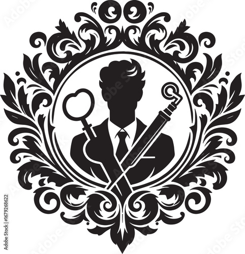 Elegant Black and White Dental Logo Featuring a Silhouette Dentist Within a Decorative Frame