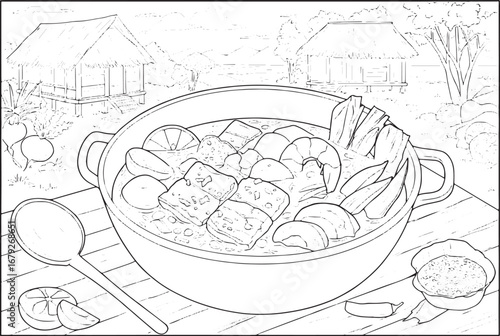 Detailed line art illustration of Filipino Sinigang dish in a ru