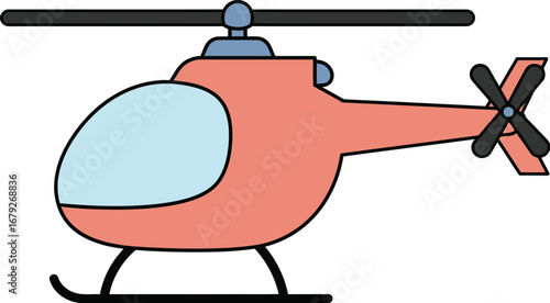 A cartoon illustration of a pink helicopter with blue accents and black rotor blades on transparent background