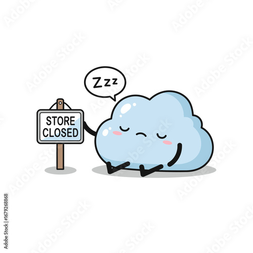 Sleepy cloud character with a closed store sign, expressing tiredness.