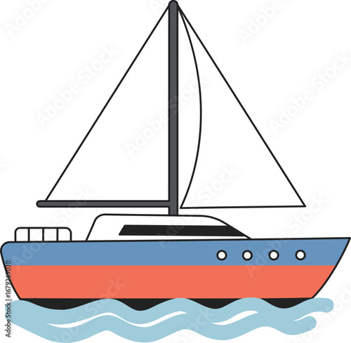 A colorful sailboat floats on calm waters with a simple design on transparent background