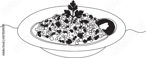 Elegant tabbouleh dish illustration in single line style on a wh