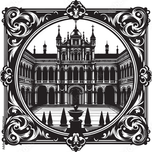 Detailed Black and White Illustration of an Elegant Architectural Courtyard with Decorative Frame