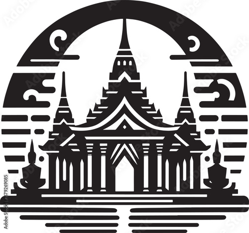 Silhouette of a Traditional Thai Temple with Intricate Architectural Details and Design