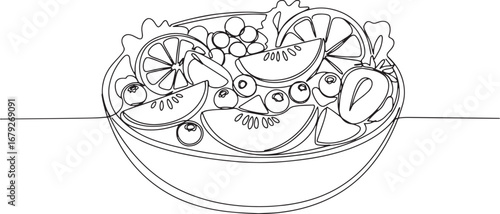 Delightful fruit salad in single line art style for minimalist d