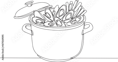 Continuous line drawing illustration of Moules-frites, showcasin