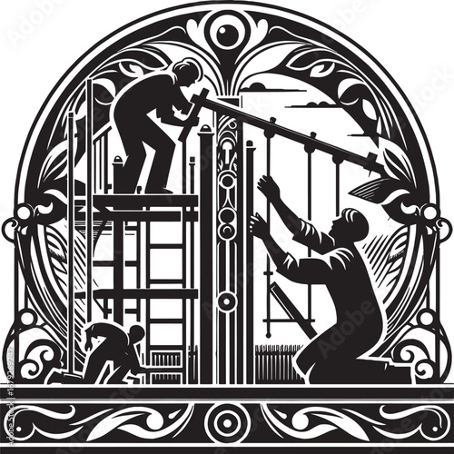 Artwork depicting construction workers on a building site in black and white, working together