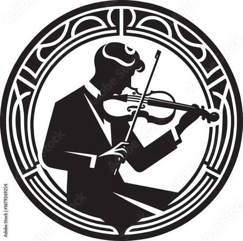 Silhouette of a Violinist Performing Music Inside an Art Deco Style Circular Frame