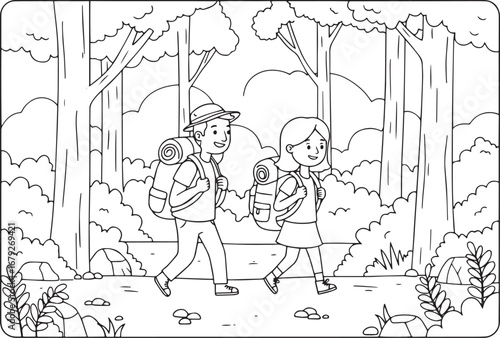 Delightful monochrome illustration of a cheerful couple hiking t