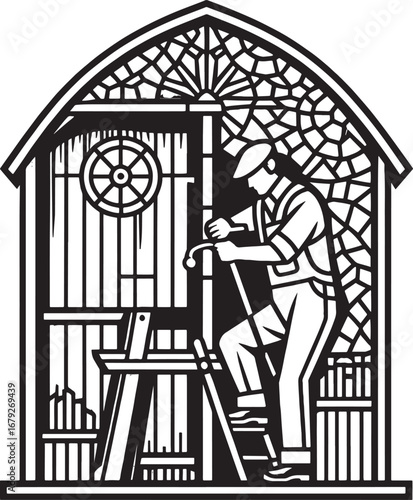 Intricate Black and White Illustration of a Lantern with Candles, Moons and Stars Design