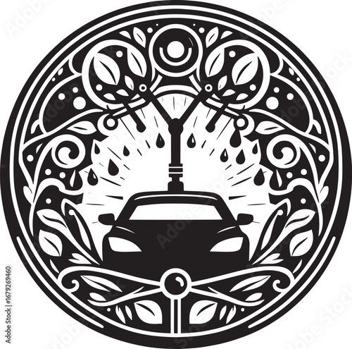 Artistic Car Wash Logo Design Featuring a Car, Water Sprays, and Ornamental Elements