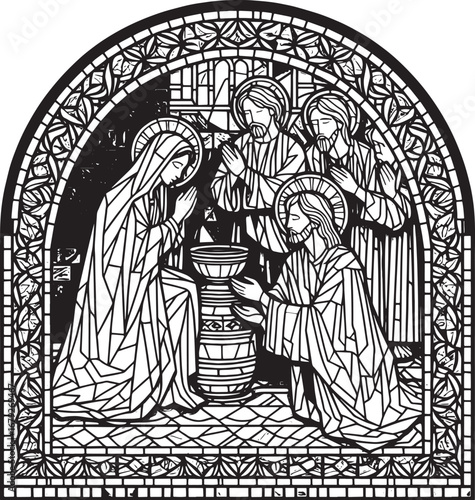 Black and White Illustration Depicting a Religious Scene Featuring Figures in a Stained Glass Style