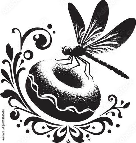 Black and White Illustration of a Dragonfly Resting on a Donut with Floral Embellishments