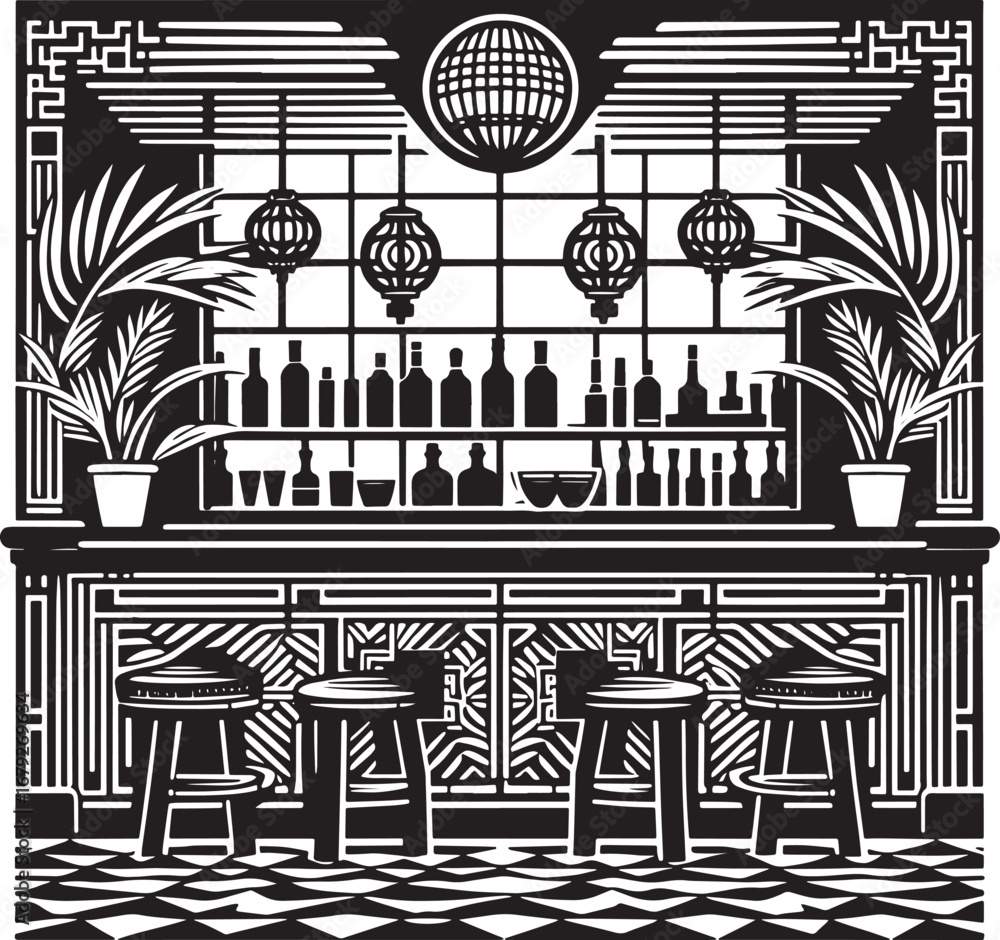 Fototapeta premium Illustration of an Art Deco Bar Interior with Stools, Bottles, and Decorative Lanterns Design