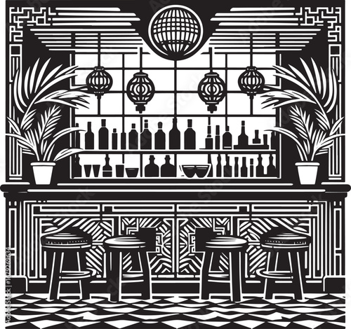 Illustration of an Art Deco Bar Interior with Stools, Bottles, and Decorative Lanterns Design