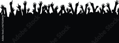 cheering crowd with raised hands, music concert celebration, festival audience, party vibes, energetic people at event, black and white vector