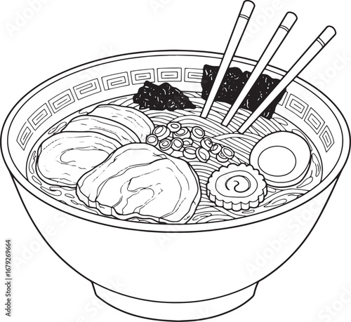 Detailed line drawing of tonkotsu ramen featuring traditional to