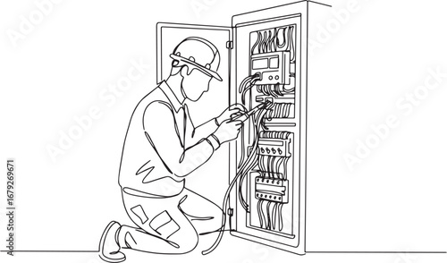 Electrical panel repair continuous line drawing showing technici