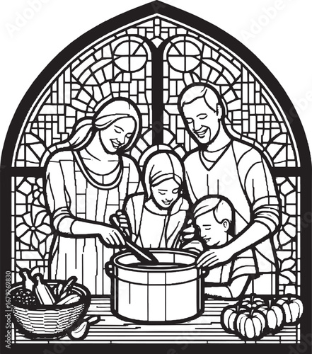 Family Cooking Together in Kitchen, Illustration Featuring Stained Glass Window Background