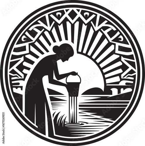 Illustration of a woman drawing water from a well in a stylized circular design