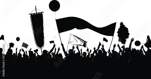 cheering people with flags and balloons, protest or festival scene illustration, public event celebration, unity rally design