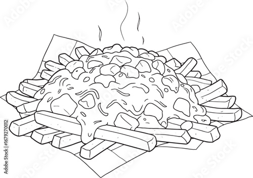Whimsical Hand Drawn Illustration of Poutine with Gravy, Cheese