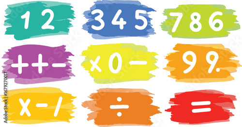 Colorful numbers and math symbols on brush strokes, educational vector for kids, learning materials, school visuals, arithmetic design, vibrant background