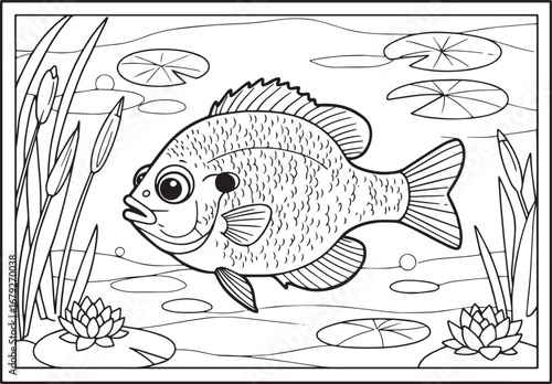 Intricate line art illustration of a bluegill sunfish in a seren