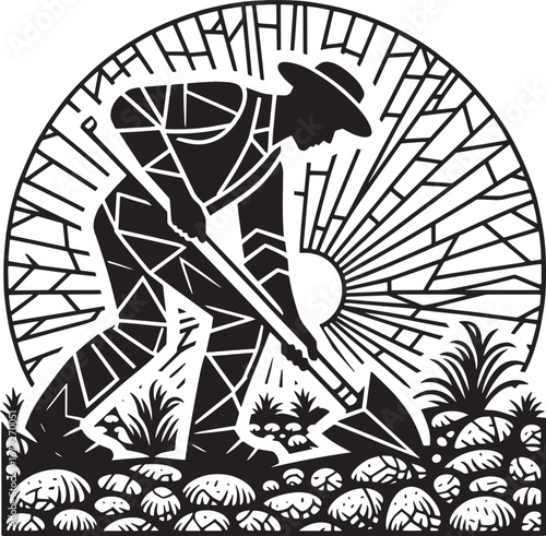 Artistic Black and White Illustration of a Gardener Working the Earth with a Shovel