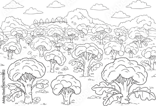Delightful broccoli plantation in outline style, perfect for col