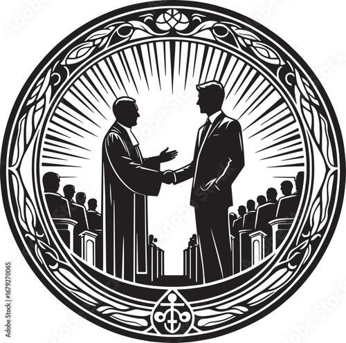 Illustration of a Handshake Agreement in a Courtroom Setting with Witnesses in a Round Frame