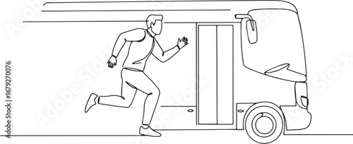 Continuous line drawing of a man chasing a bus symbolizing urgen
