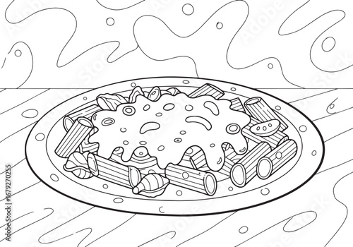 Outlined pasta with a creamy sauce illustration for coloring or