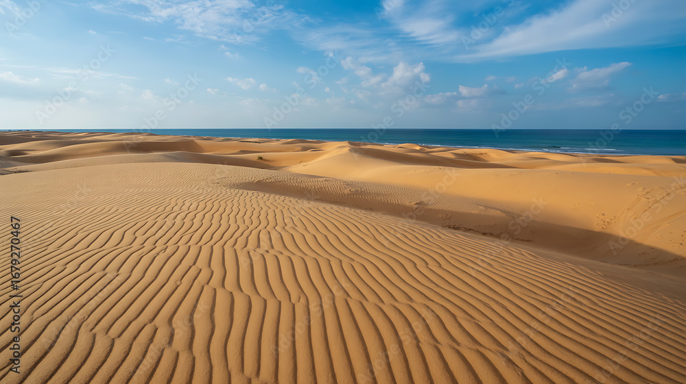 Naklejka premium Serene desert dunes meet ocean horizon under a vibrant blue sky landscape photography