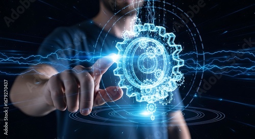 Digital Transformation: Human Hand Interacting with Glowing Holographic Gear