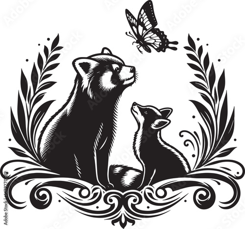 Monochrome illustration of a raccoon and a cub looking at a butterfly with foliage decoration
