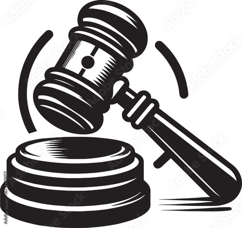 Black and white image of a gavel striking a wooden block, symbolising law and justice
