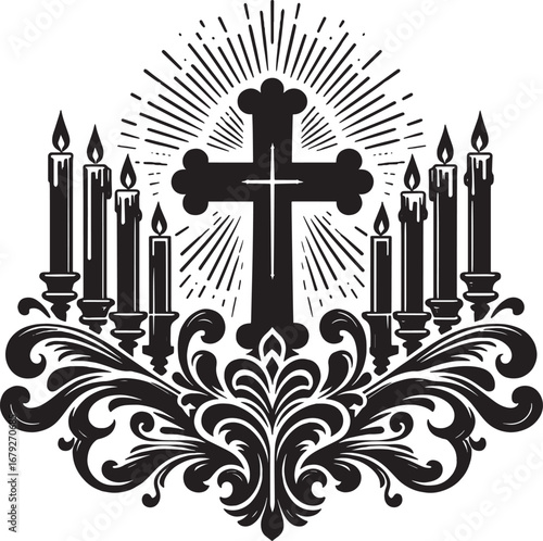 Elegant Black and White Illustration Featuring Cross, Candles, and Ornate Floral Details