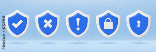 3D blue shield with sign icon. Security, exclamation, approved, check mark, tick, cross, padlock. Accepted and unaccepted security. Minimalist cartoon icon. Trendy and modern vector in 3d style.