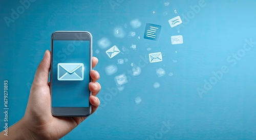 Hand holding smartphone with email icons flying around