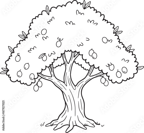 Monochrome illustration of stylized olive tree with fruit, organ