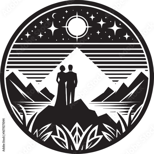 Elegant black and white illustration of a couple admiring the night sky over a mountain range
