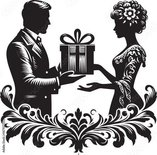 Elegant Silhouette of a Man Presenting a Gift Box to a Woman in a Decorative Floral Design