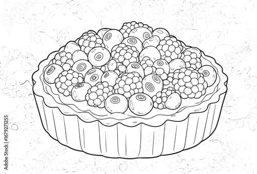 Detailed Line Art Illustration of a Berry Tart with Floral Accen