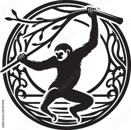 Intricate Black and White Silhouette of a Monkey Hanging from a Branch within a Decorative Circle