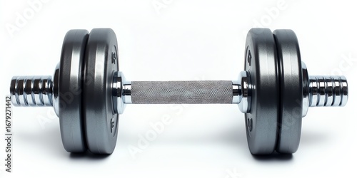 Close-up of a metal dumbbell on a white background, symbolizing strength and fitness.