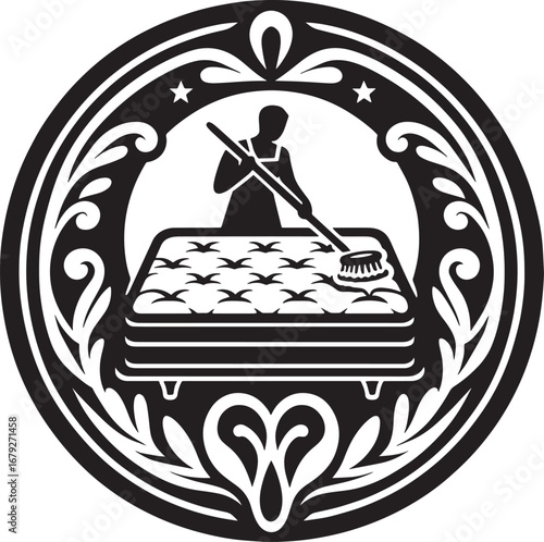 Professional Mattress Cleaning Logo Design Featuring a Person and a Cleaning Brush in a Circle