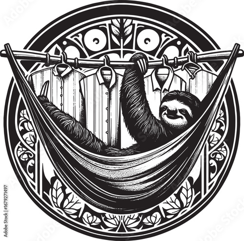 Whimsical illustration of a sloth relaxing in a hammock surrounded by shirts on hangers