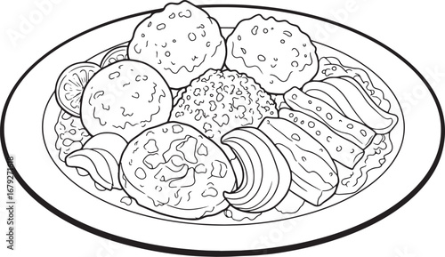 Monochrome depiction of oil down, a Grenadian stew featuring dum