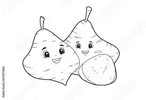 Whimsical jicama cartoon characters on abstract patterned backdr